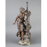 A spelter figure of a standing girl by a lamp post with bird (f) 58cm x 16cm The girls arm is a/f, 2