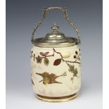 Taylor, Tunnicliffe & Co, a Victorian cylindrical floral patterned biscuit barrel decorated birds