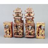 Four Eastern carved hardwood and painted figures 24cm h x 8cm w x 7cm d, 12cm x 6cm x 5cm