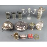 An Art Deco silver plate cocktail shaker, a muffin dish and minor plated wares including pewter