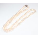 A strand of 92 cultured pearls with a white metal stamped 585 diamond ball clasp 73cm, pearls each