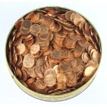 A large quantity of Queen Elizabeth II pennies contained in a tin