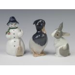 Two Royal Copenhagen figures - duck 1941 12cm and snowman URS658 together with a Nao figure of a