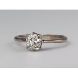 A white metal mine cut single stone diamond ring approx. 1ct, colour K/L, clarity SI2, 2.9 grams,