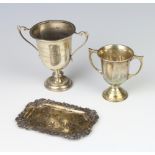 A 2 handled silver cup London 1839, 1 other 120 grams together with a repousse pin tray