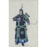 19th Century Chinese watercolour on rice paper of a standing archer 18cm x 11cm Some creasing to the