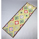 A green, white and olive ground Maimana Kilim runner with all over geometric design 210cm x 68cm