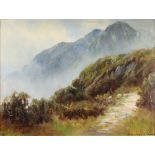 A 19th Century oil on board, mountain study of sheep and pathway 45cm x 59cm, indistinctly signed to