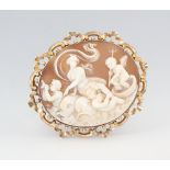 A Victorian yellow metal mounted oval cameo brooch with Amphirite and dolphins 6cm x 5cm This lot is