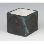 Troika, a square blue and black glazed vase decorated roundels 8cm h x 9cm x 9cm, base marked