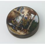 A Continental red guilloche enamel circular pill box with enamelled lid depicting a furniture maker,