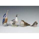 A Royal Copenhagen figure of a Kingfisher with fish 17cm and 3 ditto birds 6151, 3278 and a goose