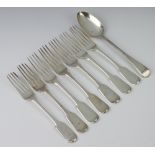 Six Victorian silver fiddle pattern table forks London 1841, a similar ditto and a table spoon,