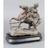 A spelter figure of a classical mounted warrior 19cm x 18cm x 9cm, (base is misshapen)