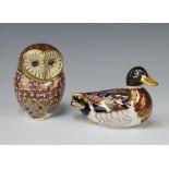 A Royal Crown Derby paperweight Duck XL with gold stopper and 1 other Owl LV11 (second) with