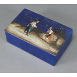 Balkan Sobranie, a rectangular lacquered cigarette box the lid decorated a couple in a snowy