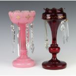 A Victorian pink lustre with glass spheres 20cm (f and r) together with a red and gilt ditto 28cm