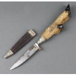 W Clauberg, a dirk with 9.5cm blade marked 7000, with deer's foot grip and complete with leather