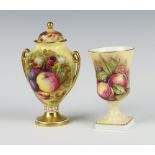 An Aynsley pedestal vase decorated with fruits 12cm, a ditto 2 handled vase and cover decorated with