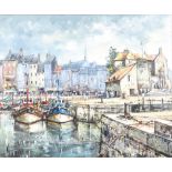 Michel Girard, born 1939, oil on canvas signed, French harbour scene with figures 52cm x 63cm