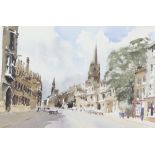** John Yardley born 1933, watercolour signed, The High Oxford, street scene with figures 46cm x
