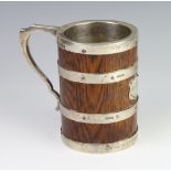 A silver banded oak mug with engraved shield, Sheffield 1922, 13cm,