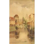 L Burleigh Bruhl, print, townscape with buildings and bridge 50cm x 39cm, contained in a