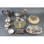 A 19th Century silver plated on copper rectangular box with bun feet and minor plated wares