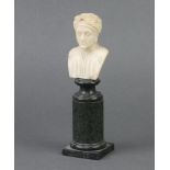 A carved white stone head and shoulders portrait bust of Dante, the base marked Dante 19cm h x 5cm w