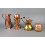 Unis, a French Art Nouveau copper and brass side handled coffee pot raised on a stand with burner
