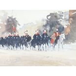 ** John Yardley born 1933, watercolour signed, soldiers on horseback, label on verso "Lifeguards"