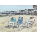 ** John Yardley born 1933, oil on board, beach scene with figures and deckchairs and distant