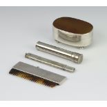 A white metal agate mounted oval trinket box, 6cm, a silver pencil holder mounted comb and a