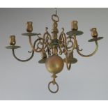 A Dutch style brass 6 light chandelier 44cm x 52cm One branch is bent