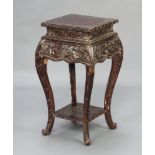 A square Chinese carved hardwood 2 tier jardiniere stand, raised on cabriole supports 76cm h x