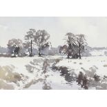 ** John Yardley born 1933, watercolour signed, winterscape with stream and sheep 31cm x 45cm