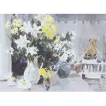 ** John Yardley born 1933, watercolour signed, still life vases of flowers and teddy bear 50.5cm x