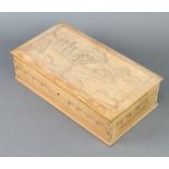 A Swiss carved wooden trinket box, the lid decorated wooden building, trees and mountains with