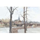 ** John Yardley born 1933, watercolour signed, town scape with river and figures 31.5cm x 47cm