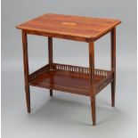 An Edwardian inlaid crossbanded mahogany 2 tier occasional table, raised on pierced tapered supports