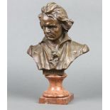 After H Muller, a head and shoulders portrait bust of Beethoven, raised on a polished square granite