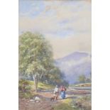 Edwardian watercolour, Welsh landscape with figures in distant mountains, inscribed Conway Valley,
