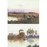 J L Slew, watercolours a pair, barge in a river setting and cattle beside a stream 16cm x 21.5cm