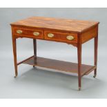A Victorian crossbanded and inlaid mahogany 2 tier side table fitted 2 frieze drawers, raised on