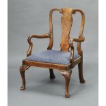 A Queen Anne style bleached walnut slat back open armchair with upholstered drop in seat, raised