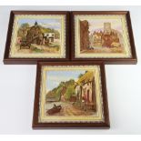 Three 19th Century Minton style polychrome tiles decorated with Continental scenes, framed 20cm x