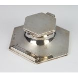 An Edwardian style silver hexagonal ink stand with pen rack, rubbed marks, 9.5cm