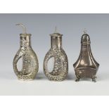 Two Sterling silver mounted glass oil bottles together with a silver pepper, pepper 48 grams