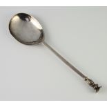 A Charles I style silver seal top spoon with engraved end M? 66 ? H, ex gilt bowl, 52.8 grams,