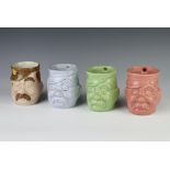 Three Bruce Bairnsfather "Old Bill" character mugs, pink, blue and green 11cm, a polychrome ditto